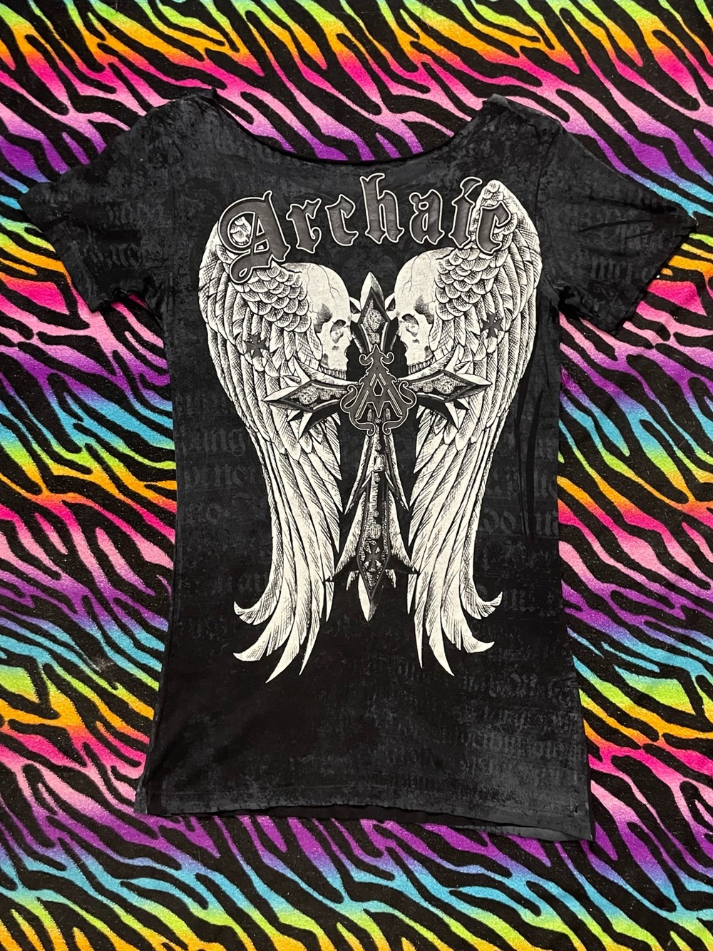 Y2k Archaic Affliction Tee with White Winged Skull Cross Graphic